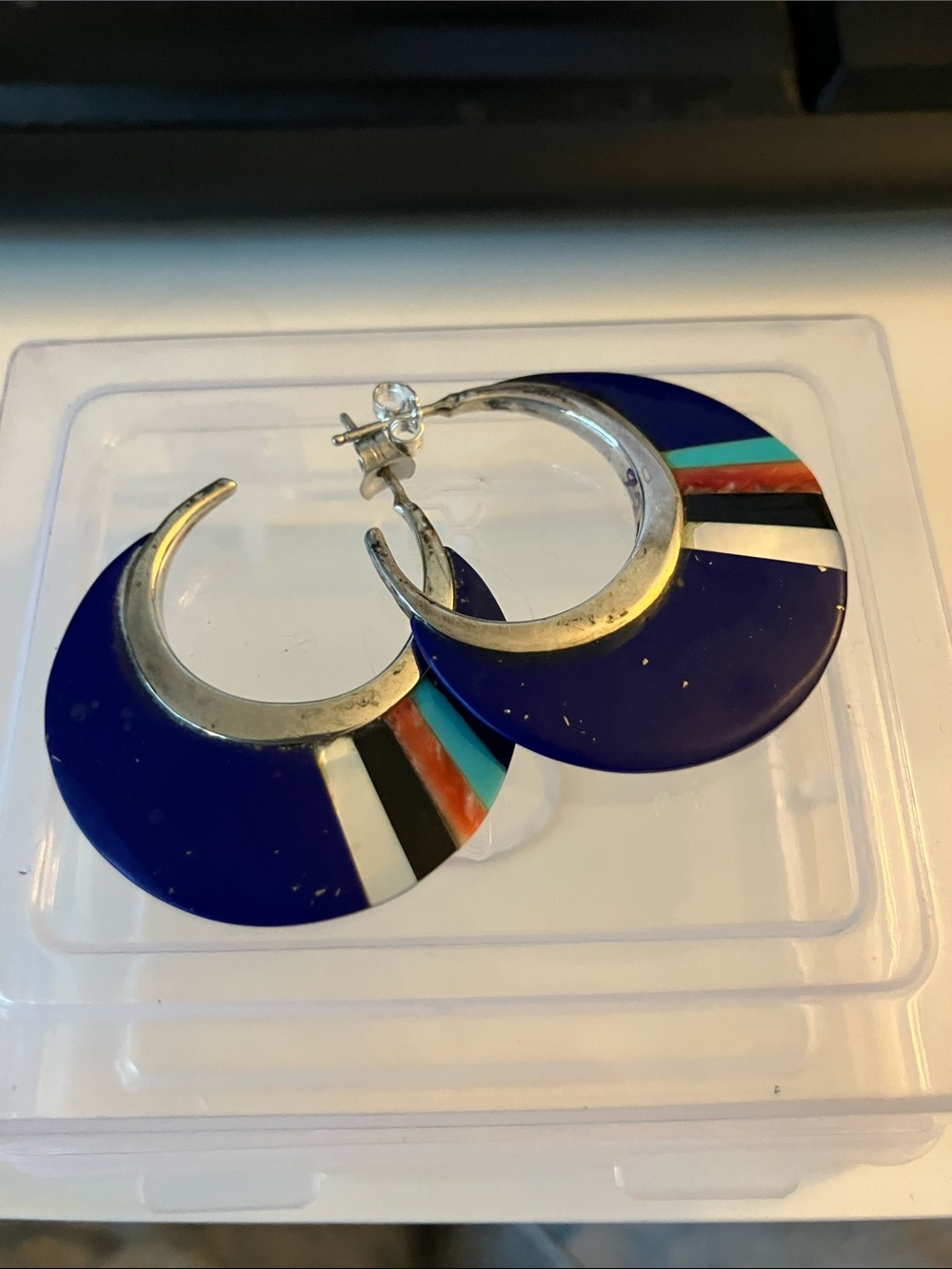 Very Large TCA Sterling Silver Hoop Earrings with Lapis and Multicolor Gem Inlay